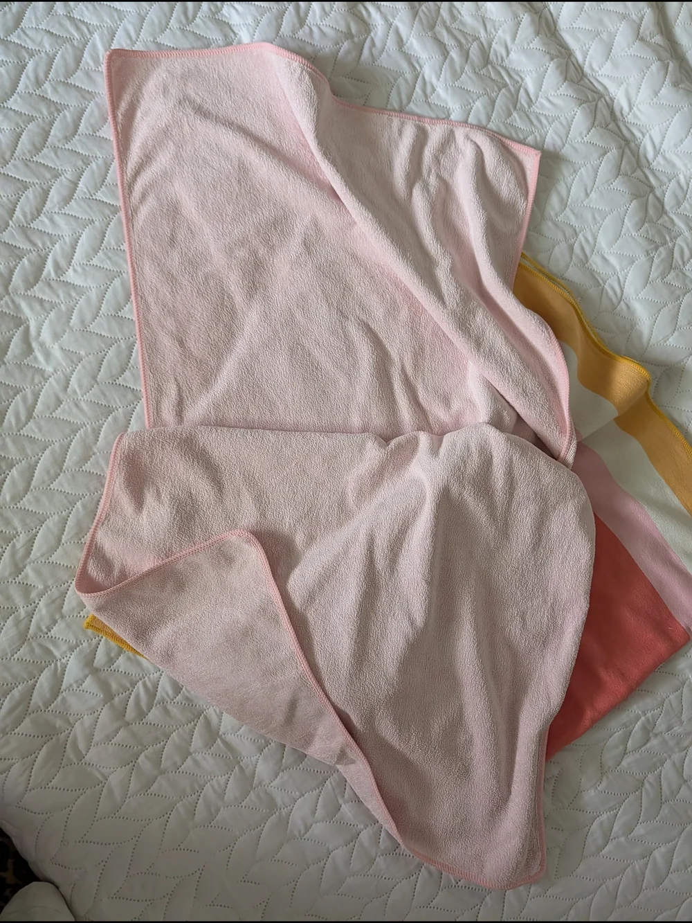 Two Microfiber Towels in Pink, Coral & Yellow